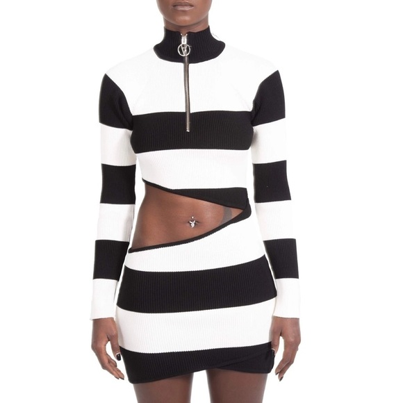 Filles A Papa Peggy Striped Cut Out Rib Knit Mini Dress - Picture 2 of 11